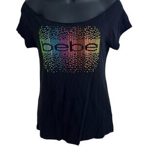 Bebe Rainbow Studded Rhinestone Logo Black Off the Shoulder Boatneck Top Size M